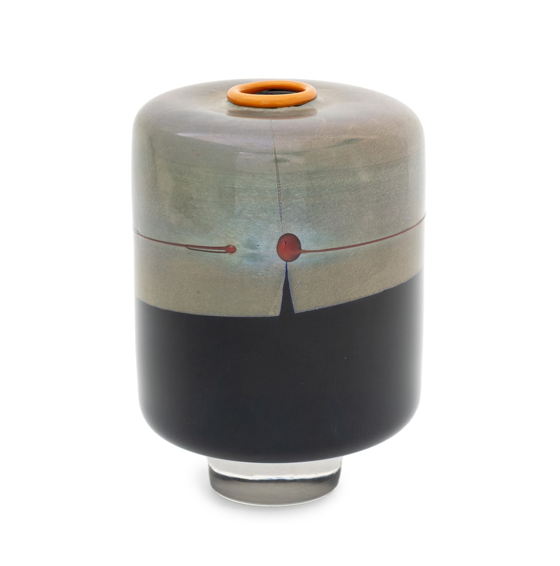 Studio Paran Art Glass Vase, 2005: Studio Paran Art Glass Vase, 2005, cylindrical form with orange lip wrap, marked and dated to colorless glass foot. 6.5" H x 4.5" Diameter. Provenance: From a Park Slope Estate. Keywords: Studio