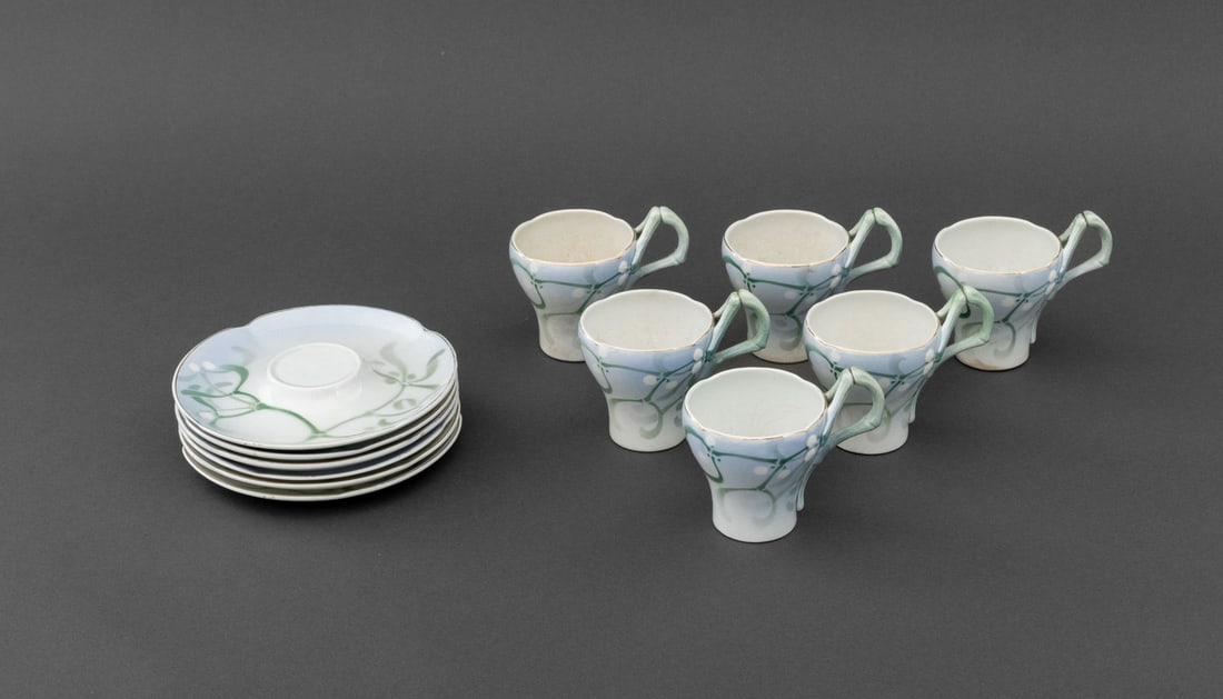 Edmond Lachenal "Gui" Porcelain Demitasse Set x 6: Edmond Lachenal, Keller, and Guerin "Gui" Pattern Porcelain Demitasse Set for Six, each marked "Les Annales Polite / KG / E. Lachenal" to underside, comprising: six coffee cups and six saucers. 12