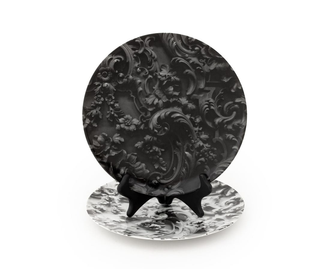 Rudolf Stingel for Bernaurdaud Porcelain Plates, 2: Two Rudolf Stingel (Italian, b. 1956) for Bernaurdaud Porcelain Plates, one screenprinted black and one white, each marked "Edition limitee Bernardaud France / Rudolf Stingel / in collaboration with /