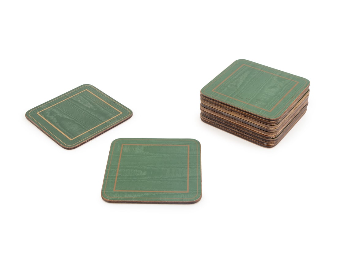 Pimpernel Green Coasters, 11: Set of 11 Pimpernel Green Coasters, square forms with gold-tone borders, some with "Pimpernel / Made in England" labels. 4.25" L x 4.25" W. Provenance: Property from a Bunny Williams decorated 5th Ave