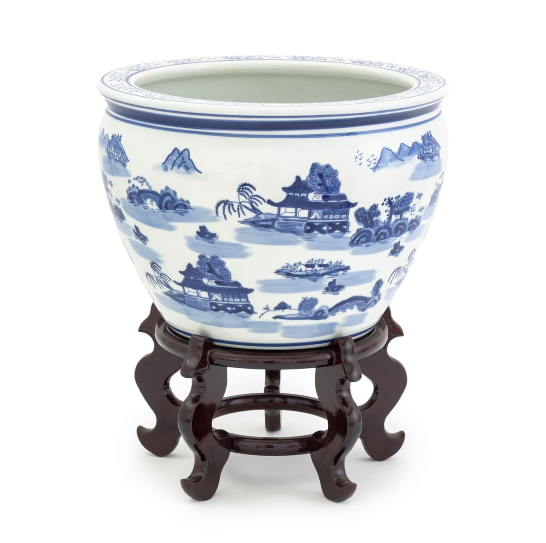 Chinese Blue & White Porcelain Tree Pot: Chinese Blue and White Porcelain Tree Pot, with lacquered wood pedestal stand. Tree pot: 10.25" H x 14.75" Diameter. Provenance: From a Brooklyn Estate. Keywords: Asian Art, Chinese ceramics, China, J