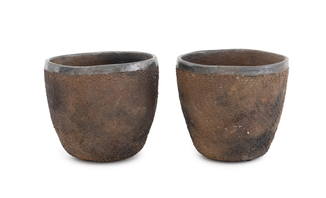 Raku Fired Art Pottery Cachepots, Pair (1 of 6)