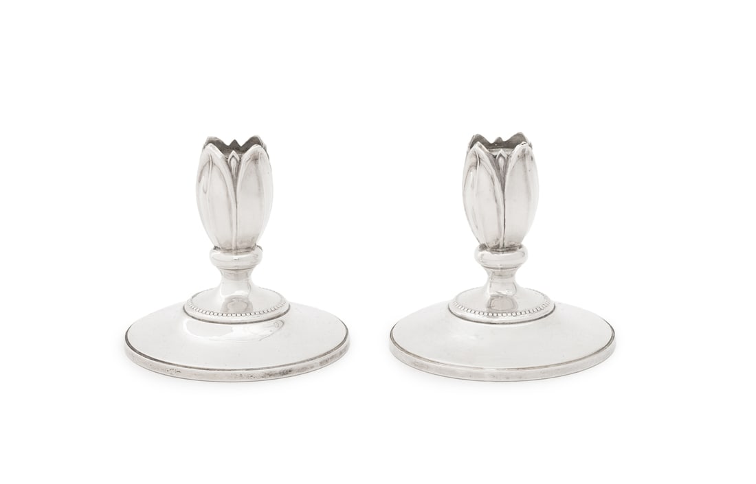 Fisher Sterling Silver Weighted Candlesticks, Pair: Pair of Fisher Sterling Silver Weighted Candlesticks, the tulip form capitals on circular bases, marked "Fisher / Sterling / Weight / 8003" to undersides. 4" H x 4" Diameter. Provenance: From a 422 Ea