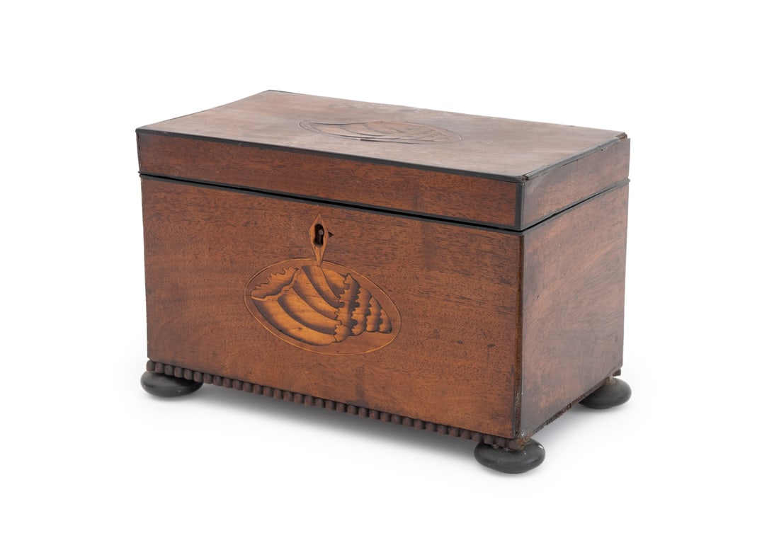 George III Mahogany Shell Marquetry Tea Caddy (1 of 10)