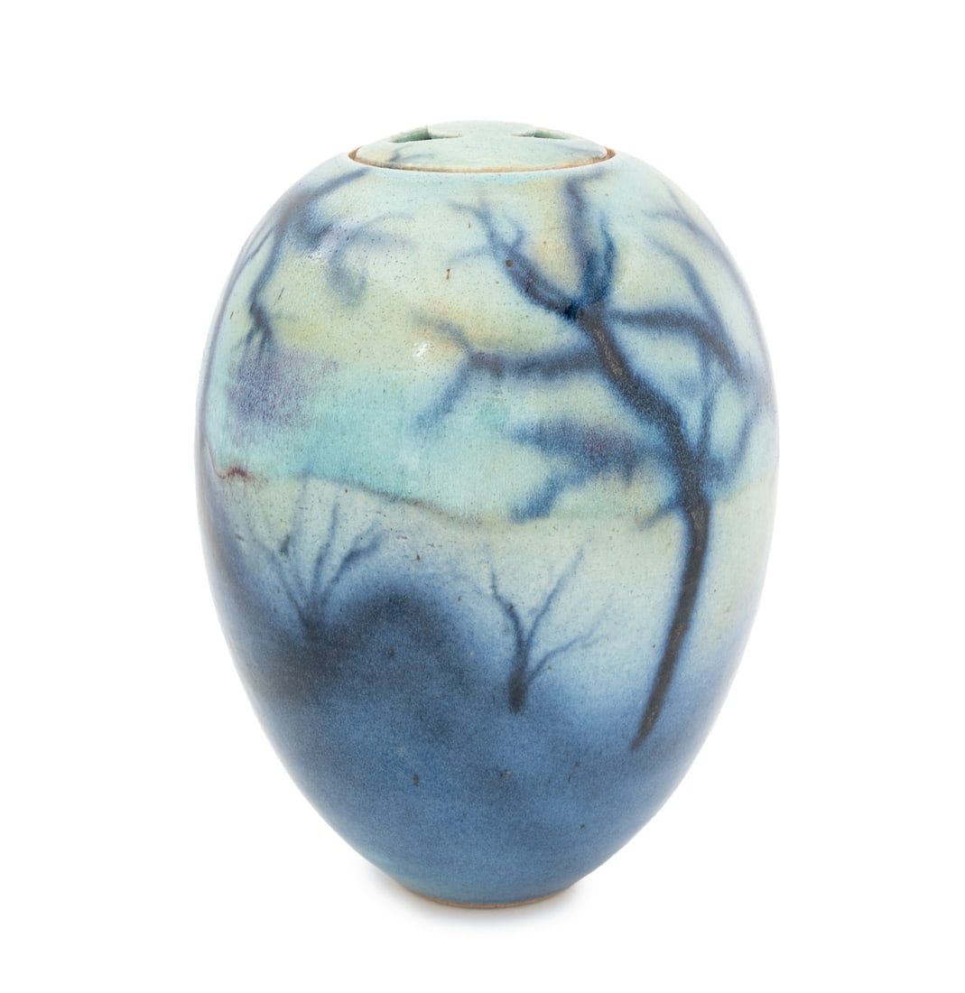 Signed Modern Glazed Art Pottery Covered Jar: Modern Glazed Art Pottery Covered Jar, the circular lid with half-moon cut-out handles and blue onyx glaze, signed "Caspari" to underside. 11" H x 8.5" Diameter. Provenance: From a Park Slope Estate.