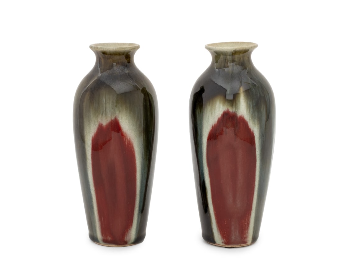 Studio Art Pottery Bottle Vases, Pair: Pair of Studio Art Pottery Bottle Vases, polychrome glazed stoneware. 8" H x 3.25" Diameter. Provenance: From a Brooklyn Estate. Keywords: Flower vase, Studio Pottery, Ceramics, Wheel-thrown, Red flas