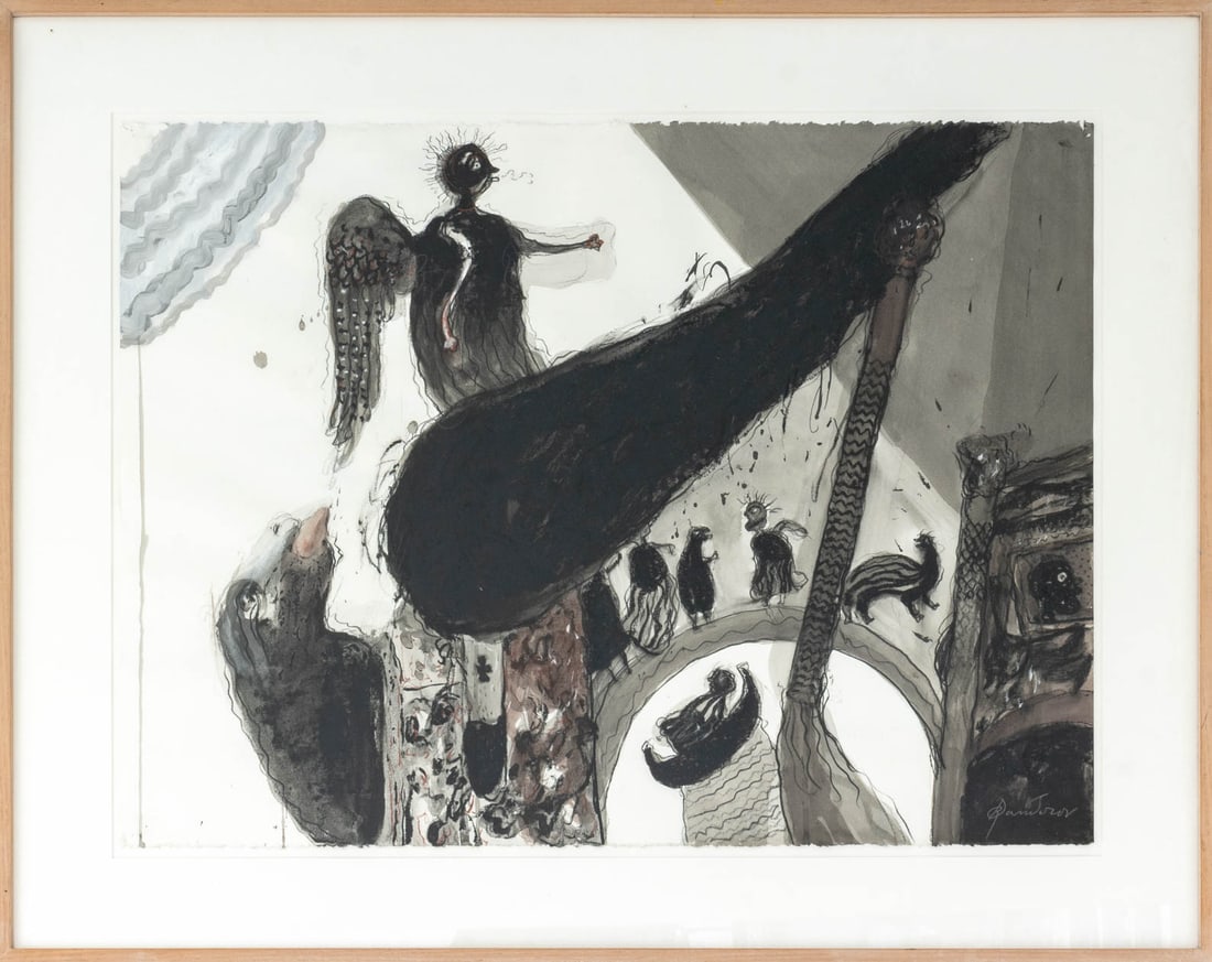 Robert Dandarov Ascension Mixed Media on Paper: Robert Dandarov (Macedonian/American, b. 1959), Ascension , Mixed Media on Paper, signed lower right, white painted wood frame. Image: 22" H x 30" W; frame: 30" H x 37.5" W x 1.5" D. Provenance: From