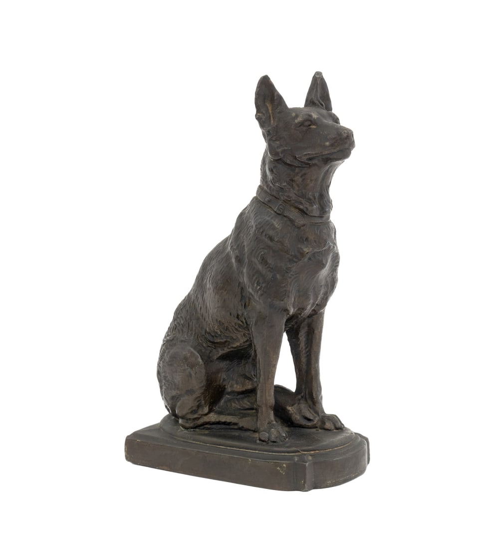 German Shepherd Patinated Metal Sculpture, c. 1930: German Shepherd Patinated Metal Sculpture, circa 1930, the dog sitting attentively. 7.25" H x 4" L x 2.25" D. Provenance: From a New York City Collection. Keywords: Dogs, Statue, Figurine, Animalier,