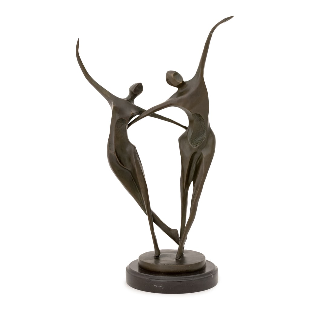 Modernist Abstract Dancing Couple Patinated Bronze: Modernist Abstract Dancing Couple Patinated Bronze Sculpture, signed "Milo" to circular base, atop a black marble plinth. Overall: 19.25" H x 11.5" W x 6.5" D. Provenance: From a Brooklyn Estate.