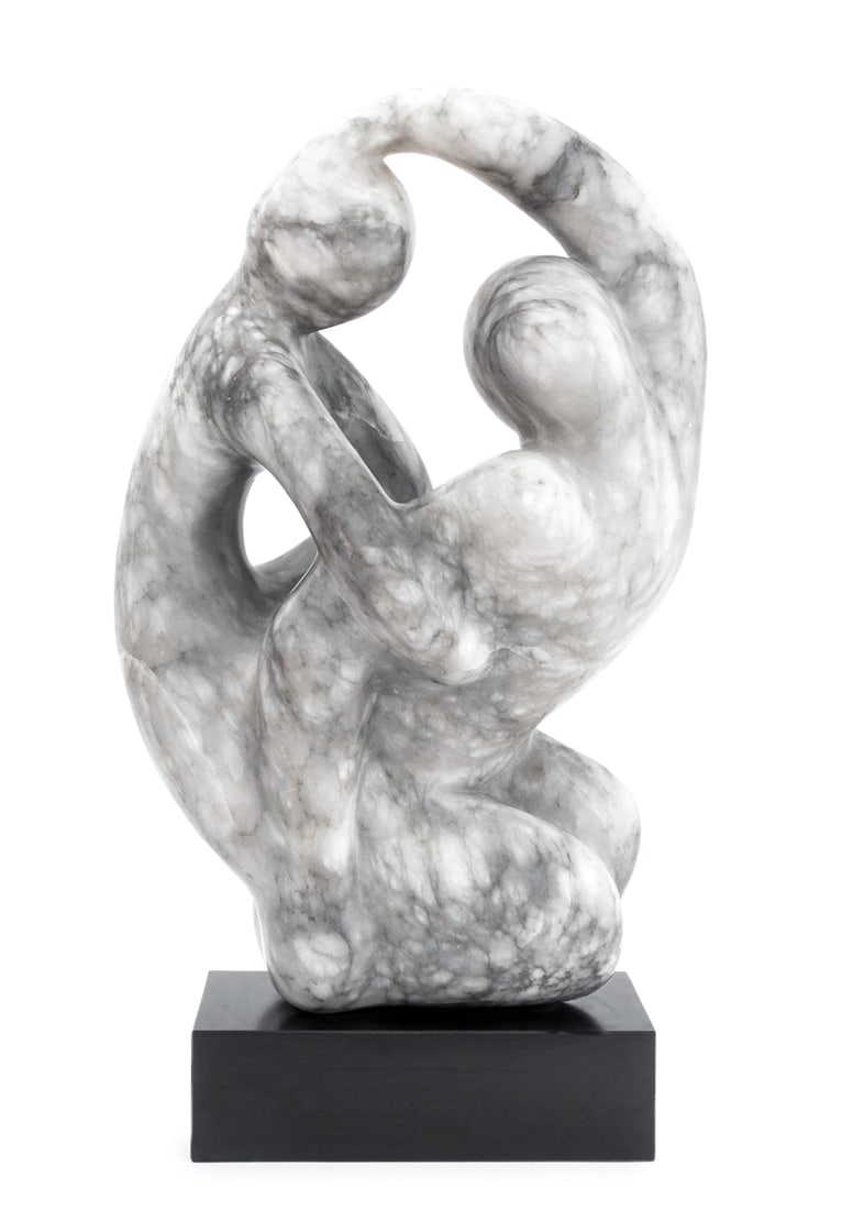 Modernist Embracing Couple Marble Sculpture: Modernist Embracing Couple Marble Sculpture, polished grey-veined marble on black base. 25.25" H x 15" W x 8" D. Provenance: From an Upper West Side, New York City Estate. Keywords: Statue, Carving,