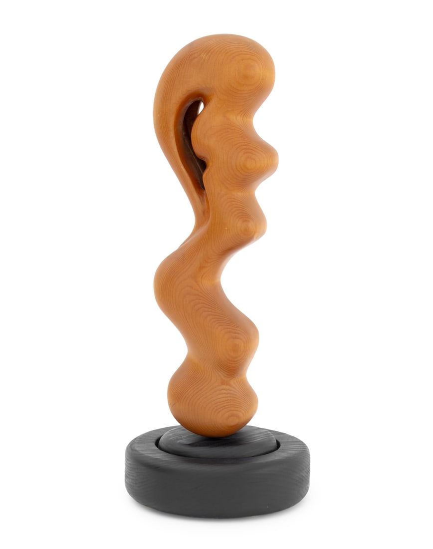 Modernist Biomorphic Wood Revolving Sculpture: Modernist Biomorphic Carved Wood Revolving Sculpture, mounted on an ebonized wood base. Overall: 20" H x 7.5" Diameter. Provenance: From a New York City Collection. Keywords: Statue, Carving, Woodwork