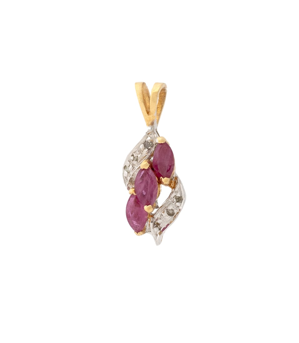 14K Yellow Gold Ruby and Diamond Pendant: 14K Yellow Gold Ruby and Diamond Pendant, adorned with three prong set marquise brilliant cut rubies weighing a total of approx. 0.65 carat, further adorned with six bead set single cut diamonds