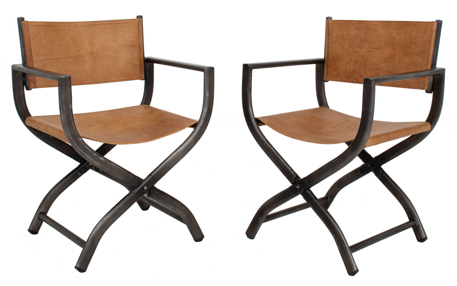 Restoration Hardware Director's Chairs, Pair: Pair of Restoration Hardware 1970s Style Director's Chairs, each with leather back and seat. 32.5" H x 23" W 19" D; seat: 18.5" H. Provenance: From a New York City Collection. Keywords: Modern