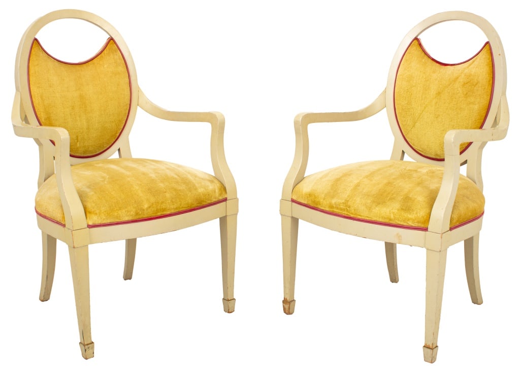 Jamie Drake Lacquered Transitional Armchairs, Pair: Pair of Jamie Drake Lacquered Transitional Style Arm Chairs, custom-made, with oval seat back, pale yellow painted frame, golden yellow upholstery with red trim. 41" H x 24.25" W x 23" D. Provenance:
