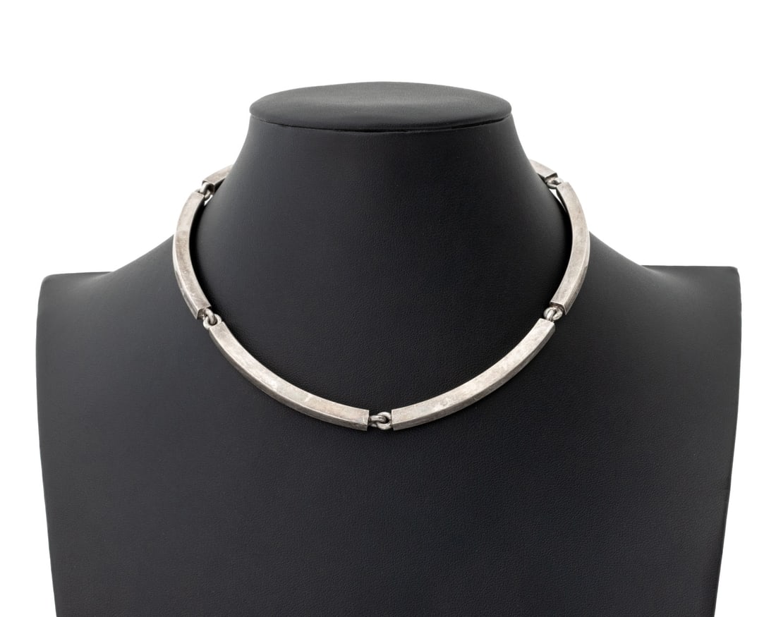 Danish Modern Sterling Silver Link Necklace: Danish Modern Sterling Silver Curved Bar Link Necklace, marked "925S Denmark" with maker's mark. Weight: 2.78 ozt.; 15" L. Provenance: From a New York City Collection. Keywords: Vintage Jewelry, Silve
