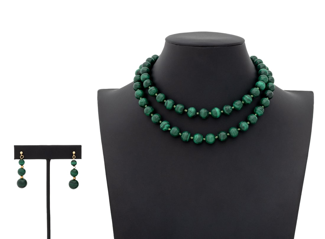 Malachite 14K Gold Bead Necklace & Earrings Set: Malachite 14K Gold Bead Necklace and Earrings Set, featuring one necklace and one pair earrings, necklace strung on silk cord with fully drilled round malachite beads approx. 10.0 mm., worn as slip ov