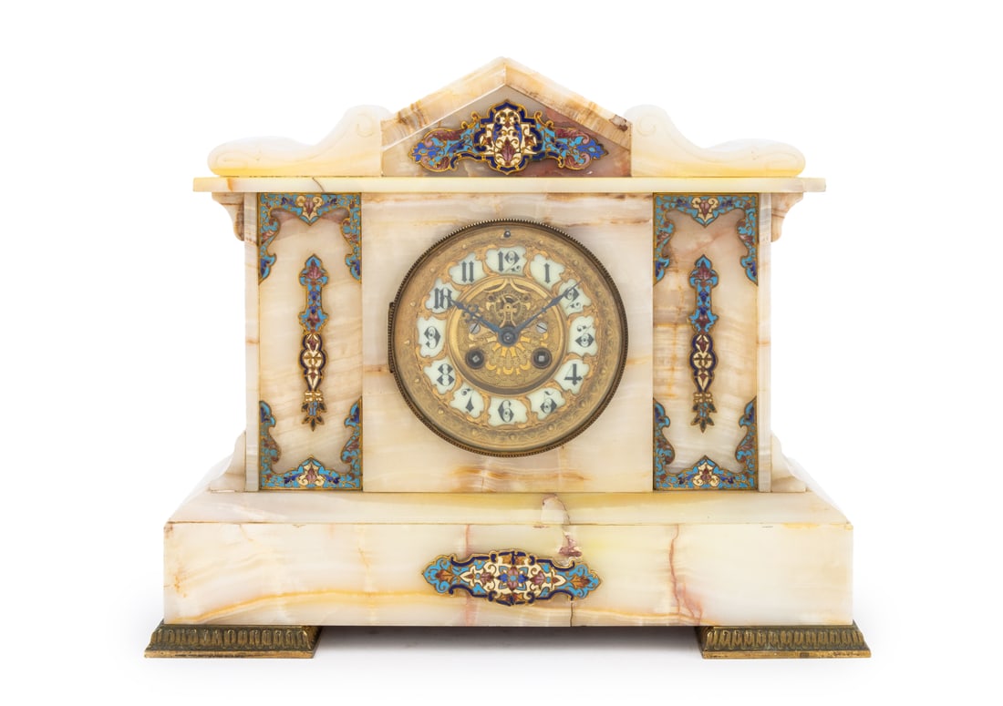 Art Deco Banded Onyx and Enamel Mantel Clock: Art Deco Banded Onyx and Enamel Mantel Clock, with gilt metal mounts. 13" H x 15.5" W x 6.5" D. Provenance: From an East 35th Street Estate. Keywords: Mantle clock, Tabletop clock, Horology, Horologe,