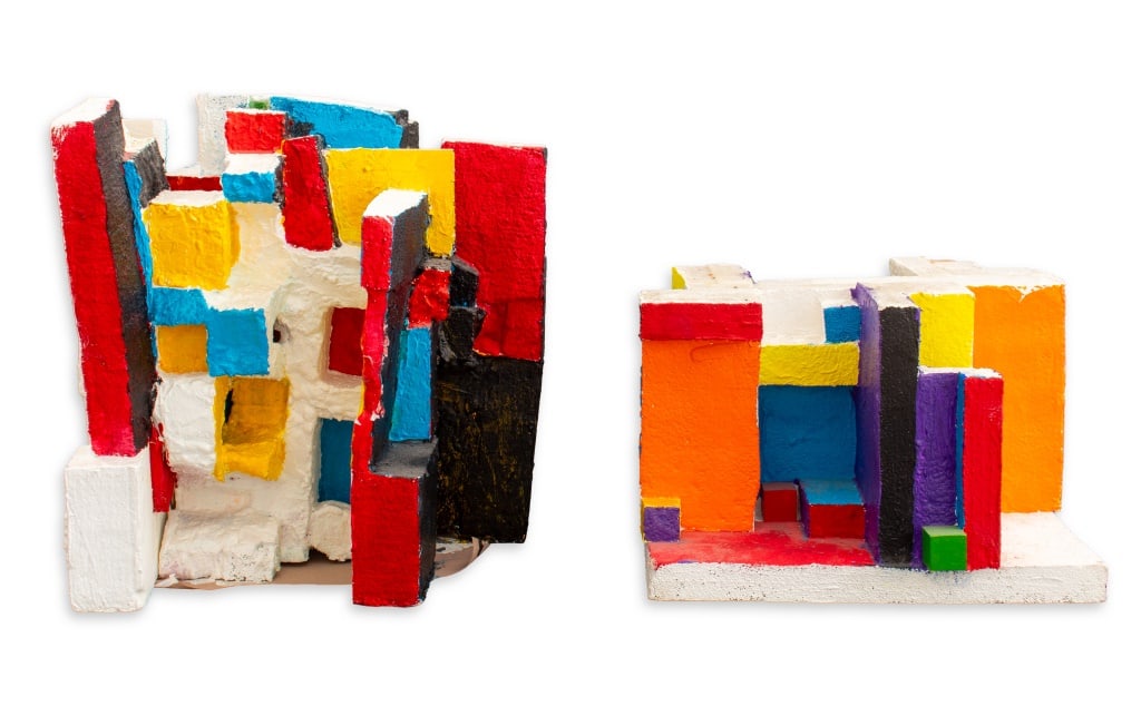 Domenick Capobianco Mixed Media Sculptures, 2: Group of Two Domenick Capobianco (American, b. 1928), Geometric Mixed Media Sculptures, both stamped "Domenick Capobianco Studio" to underside. Larger: 14" H x 17.5" W x 15.5" D. Provenance: From the