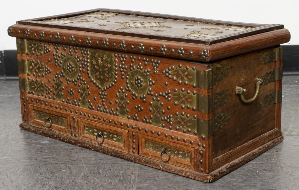 Indian Brass Mounted Carved Wood Chest: Indian Brass Mounted Carved Wood Chest 11.5" H x 23.75" W x 12.5" D. Provenance: From a New York City Collection. Keywords: Antique Furniture, South Asian Furniture, Dresser, Trunk, Blanket chest, Sto