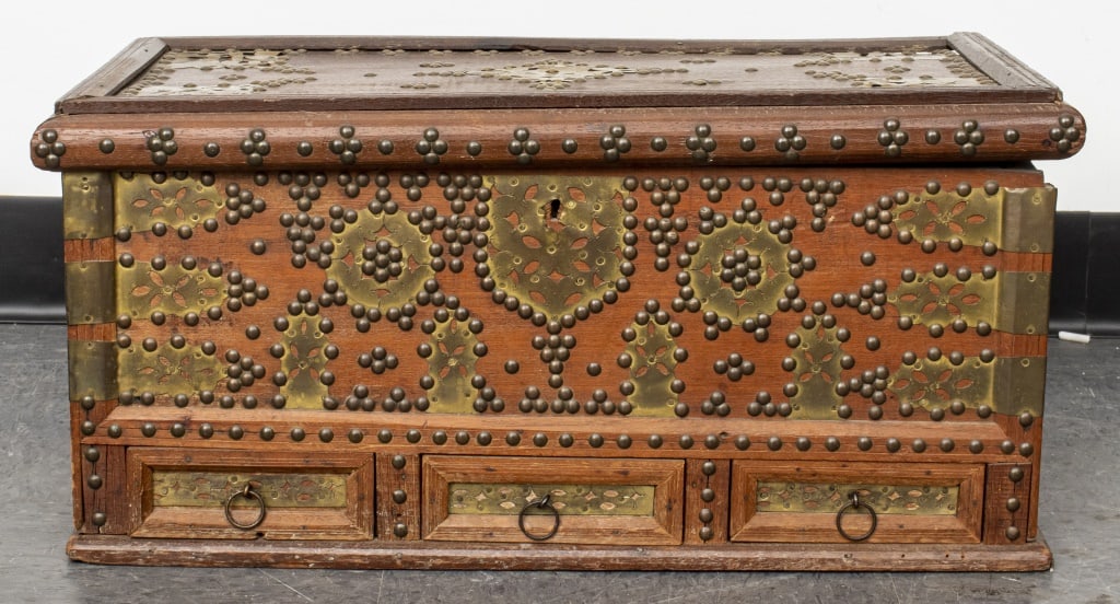 Indian Brass Mounted Carved Wood Chest - 2