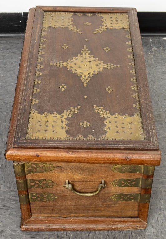 Indian Brass Mounted Carved Wood Chest - 7