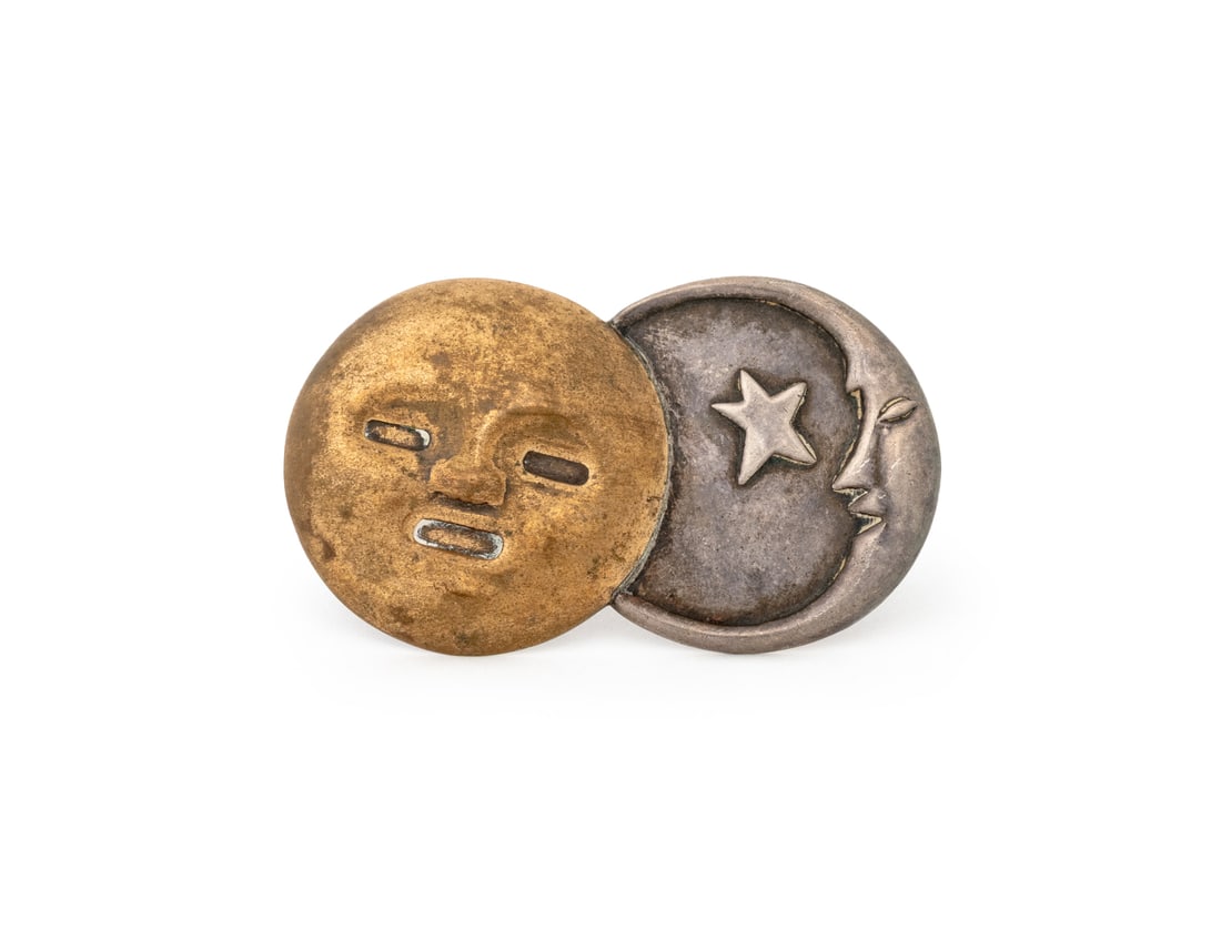 William Spratling 925 Silver Sun & Moon Brooch: William Spratling Sterling Silver Sun and Moon Brooch Pin, designed as gold wash vermeil decorated sun and silver moon motifs, worn through fabric with pinstem, joint and catch, marked: "WS SPRATLING