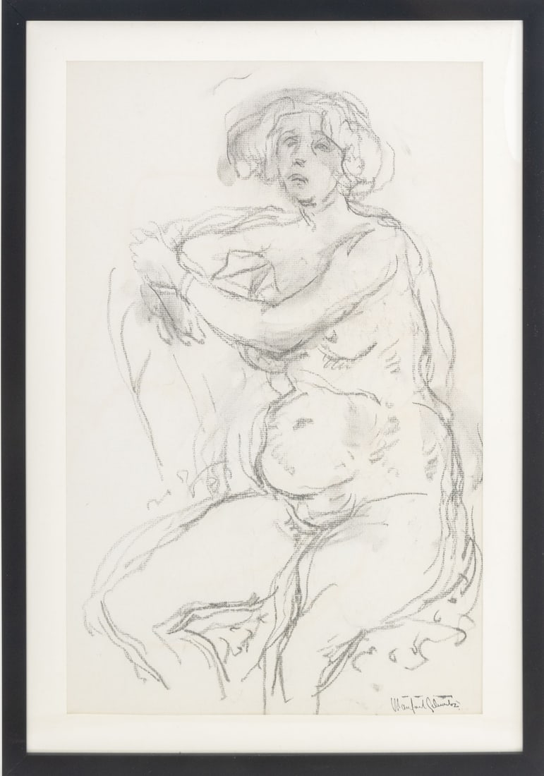 Manfred Schwartz Nude Woman Study Charcoal: Manfred Schwartz (American, born Poland, 1909-1970), Nude Woman Study, Charcoal on Paper, artist's signature stamp lower right, black easel frame. Image: 16.5" H x 10.5" W; frame: 20" H x 14" W x 0.5"