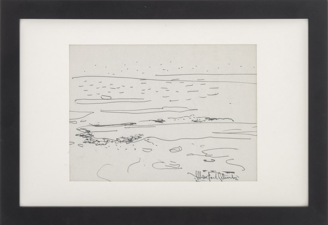 Manfred Schwartz Seascape Ink on Paper: Manfred Schwartz (American, born Poland, 1909-1970), Ocean Landscape Scene, Ink on Paper, artist's signature stamp lower right, black easel frame. Image: 5.5" H x 7.5" W; frame: 9.25" H x 13.25" W x 0