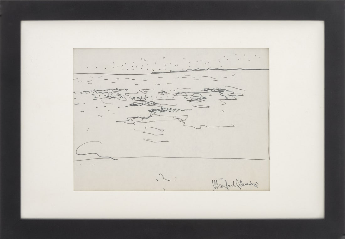Manfred Schwartz Seascape Ink on Paper: Manfred Schwartz (American, born Poland, 1909-1970), Ocean Landscape Scene, Ink on Paper, artist's signature stamp lower right, black easel frame. Image: 5.5" H x 7.5" W; frame: 9.25" H x 13.25" W x 0