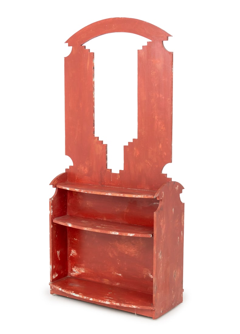 Native American Style Red Painted Display Shelf: Native American Inspired Red Painted Wood Display Shelf, the upper portion with T-shaped window above two shelves on either side. 81" H x 36" W x 19" D. Provenance: From a New York City Collection. Ke