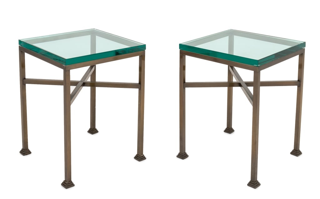 Modern Glass Top Metal Side Tables, Pair: Pair of Modern Glass-Topped Metal Side Tables, each with four legs conjoined by x-form stretcher. 20" H x 15" W x 15" D. Provenance: From an Upper East Side Collection. Keywords: Modern Furniture, Con