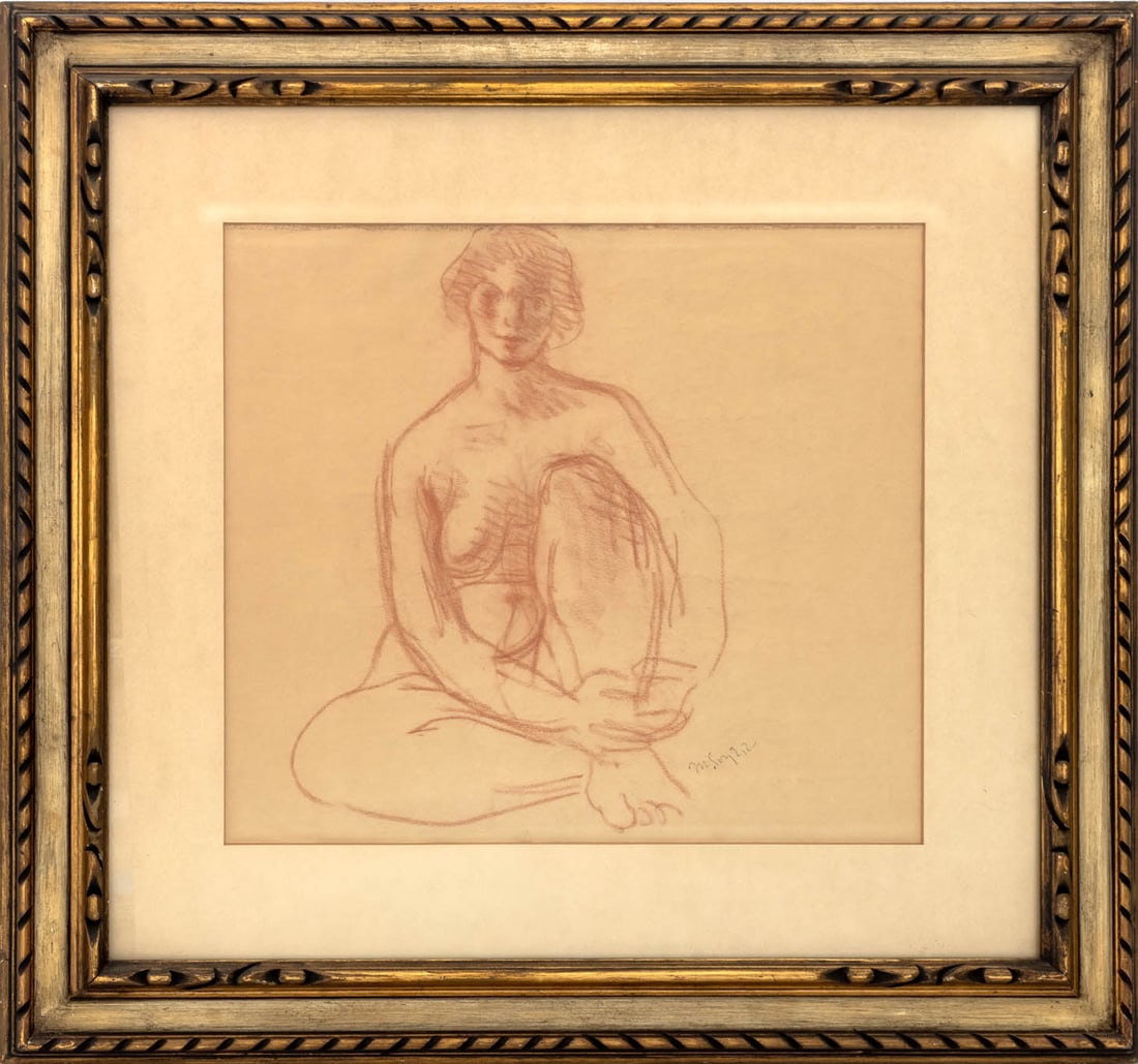 Moses Soyer "Nude" Red Chalk Pastel on Paper: Moses Soyer (American, born Russia, 1899-1974), "Nude", Red Chalk Pastel on Toned Paper, signed in ink "M. Soyer" lower right, Chappellier Galleries label and paper label verso, painted giltwood frame