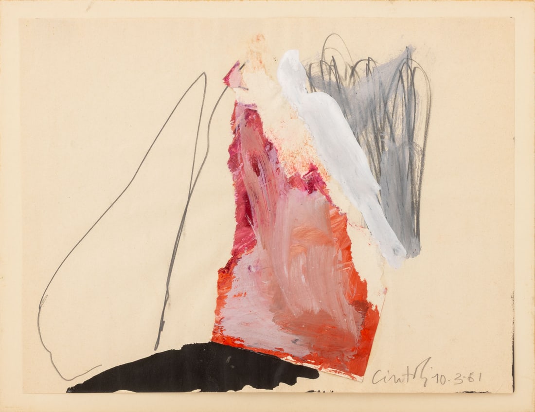 Claudio Cintoli Abstract Composition, 1961: Claudio Cintoli (Italian, 1935-1978), Abstract Composition in Red, White, and Black, Mixed Media Collage on Paper, 1961, signed in pencil and dated lower right, mounted on board, unframed. Sheet: 7" H