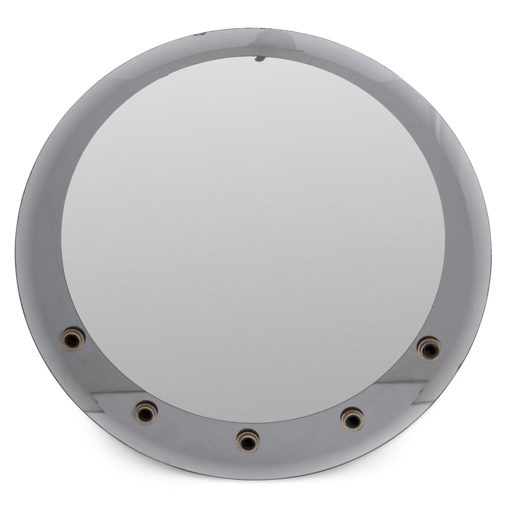 Miami-Carey Circular Vanity Mirror: Miami-Carey Wall-Hanging Circular Vanity Mirror, clear mirror over smoked glass mirror, with five light sockets. Provenance: From a New York City Collection. 25" Diameter. Keywords: Looking glass, Vin