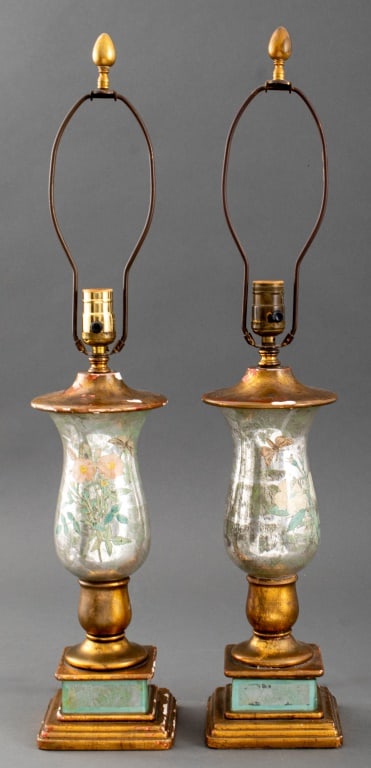 Mercury Glass Table Lamps, Pair: Pair of Mercury Glass Table Lamps, with floral and insect decoupage hand-painted paper and silver leaf reverse decoration, mounted on giltwood bases. Lacking glass piece to base. Overall 26.25" H x