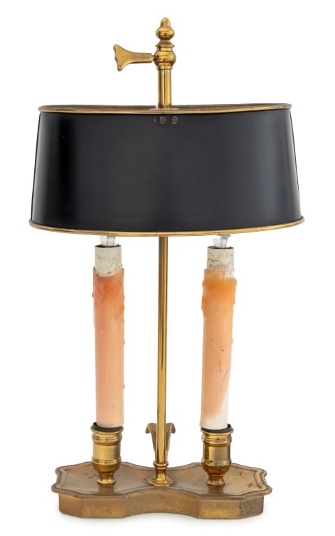 Brass Two-Light Bouillotte Lamp: Brass Two-Light Bouillotte Lamp, 20th century, with shell form handle and shaped base with black tole shade. 16" H x 7.25" W x 4.75" D. Provenance: From a Central Park South Estate. Keywords: