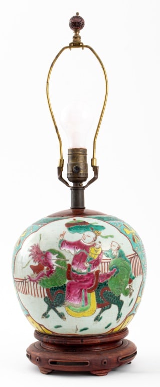 Chinese Famille Rose Ginger Jar Mounted Lamp: Chinese Famille Rose Porcelain Ginger Jar Mounted as a Table Lamp, mounted on wood base, 23" H x 8" Diameter. Provenance: From a New York City Collection. Keywords: Asian Art, China, Ceramics,