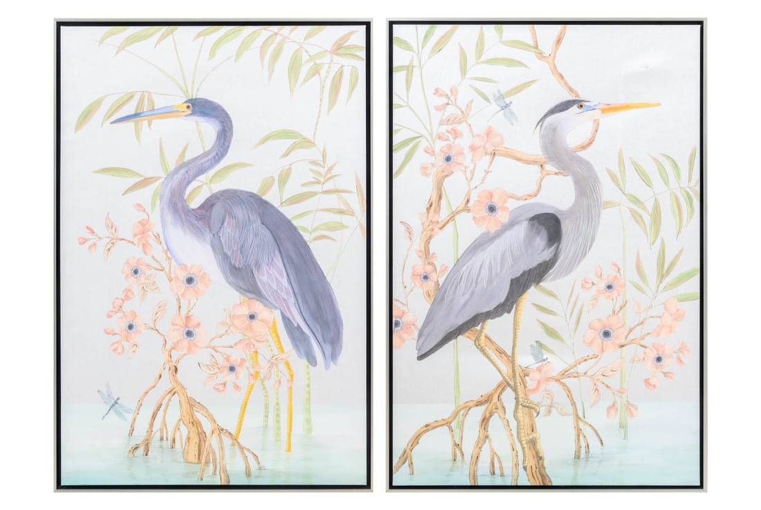Allison Cosmos Giclee Prints on Canvas, 2: Allison Cosmos (American, XX), Two Giclee Prints in Colors on Canvas, comprising: "Wading For You" and "The Wading Season", silvered wood frames. Image: 45" H x 30" W; frame: 46.75" H x 31.5" W x 2"