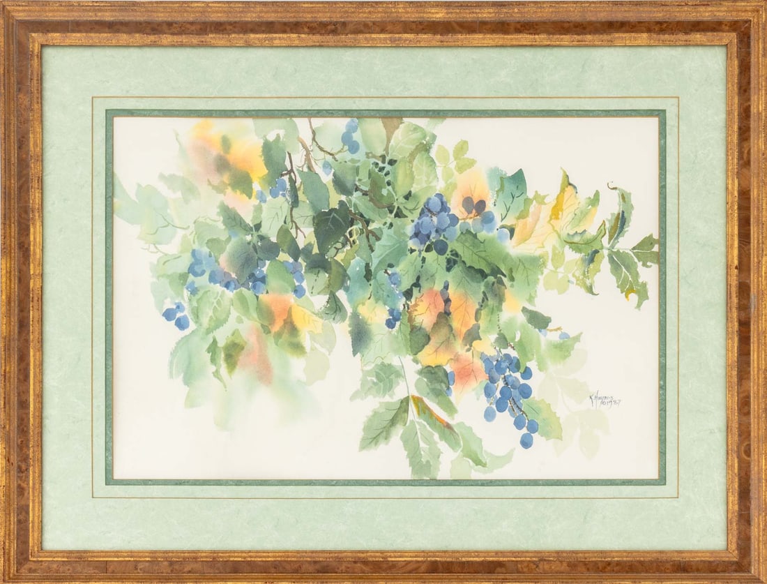 Katherine Haynes Fruiting Vines Watercolor, 1987: Katherine Haynes (Canadian, 1926-2007), Fruiting Vines, Watercolor on Paper, 1987, signed "K. Haynes" and dated lower right, gilt frame. Image: 14.5" H x 21.5" W; frame: 23.25" H x 30.25" W x 1.25"