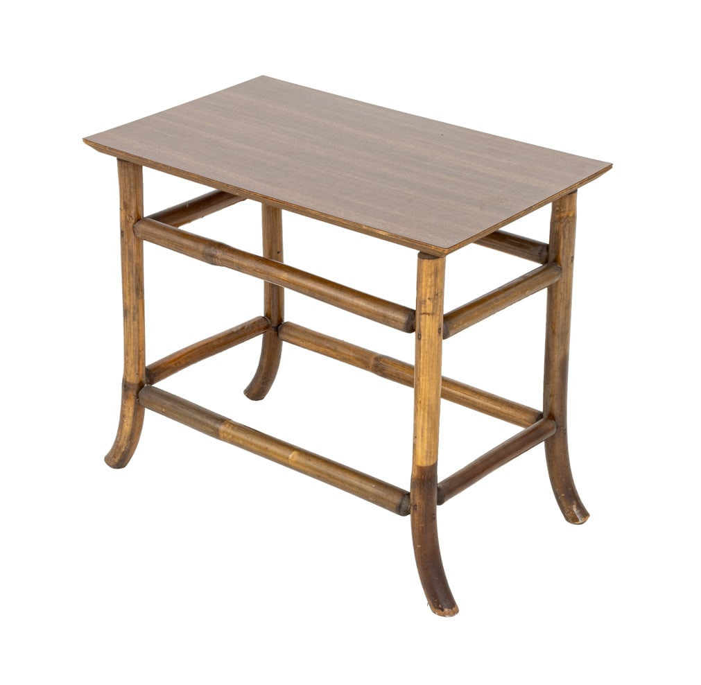 Modern Faux Bamboo Side Table: Modern Faux Bamboo Side Table, with wood laminate top above four faux bamboo legs conjoined by two box stretchers. 20.5" H x 23.75" W x 13.75" D. Provenance: From a Long Island, New York Estate. Keywo