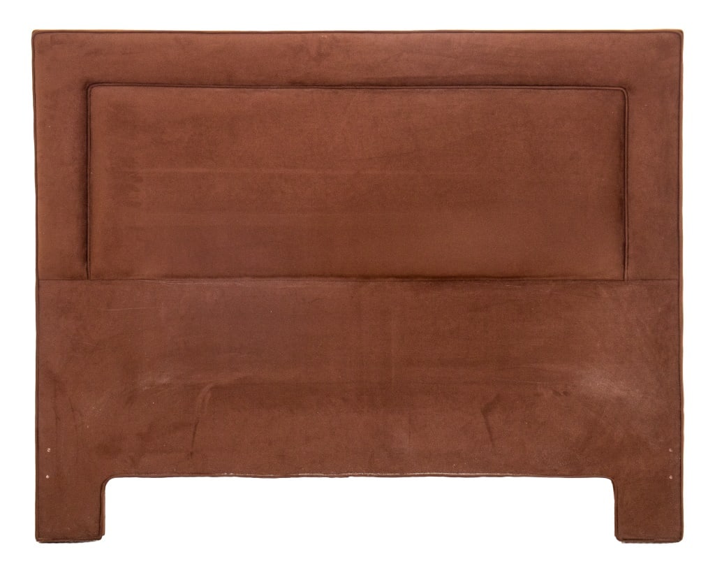 Brown Ultrasuede Upholstered Queen Size Headboard: Brown Ultrasuede Upholstered Queen Size Headboard, with channel-bordered back and single-welt details, square form. 48.5" H x 61" W x 2.75" D. Provenance: From a New York City Collection. Keywords: