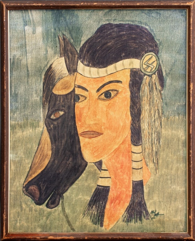 Albert Hoffman "Indian Maiden with Pony", 1977: Albert Hoffman (American, 1915-1993), "Indian Maiden with Pony", Crayon and Watercolor on Panel, 1977, signed and dated lower right, wood frame. Image: 19.5" H x 15.5" W; frame: 21.5" H x 17" W.