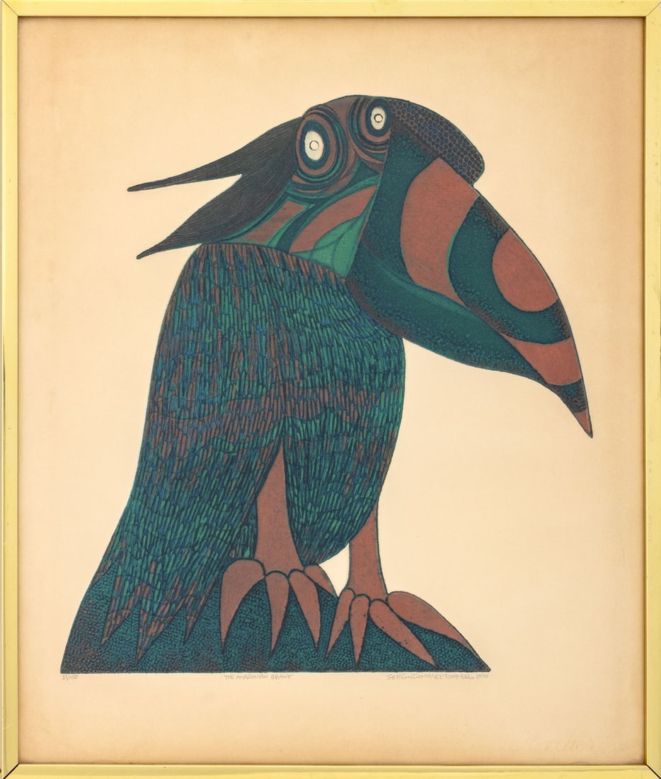 Sergio Gonzalez Tornero "The Amazonian Grawk": Sergio Gonzalez Tornero (Chilean, 1927-2020), "The Amazonian Grawk", Etching and Aquatint in Colors, signed in pencil lower right, titled lower center, and numbered edition "51/150" lower left,