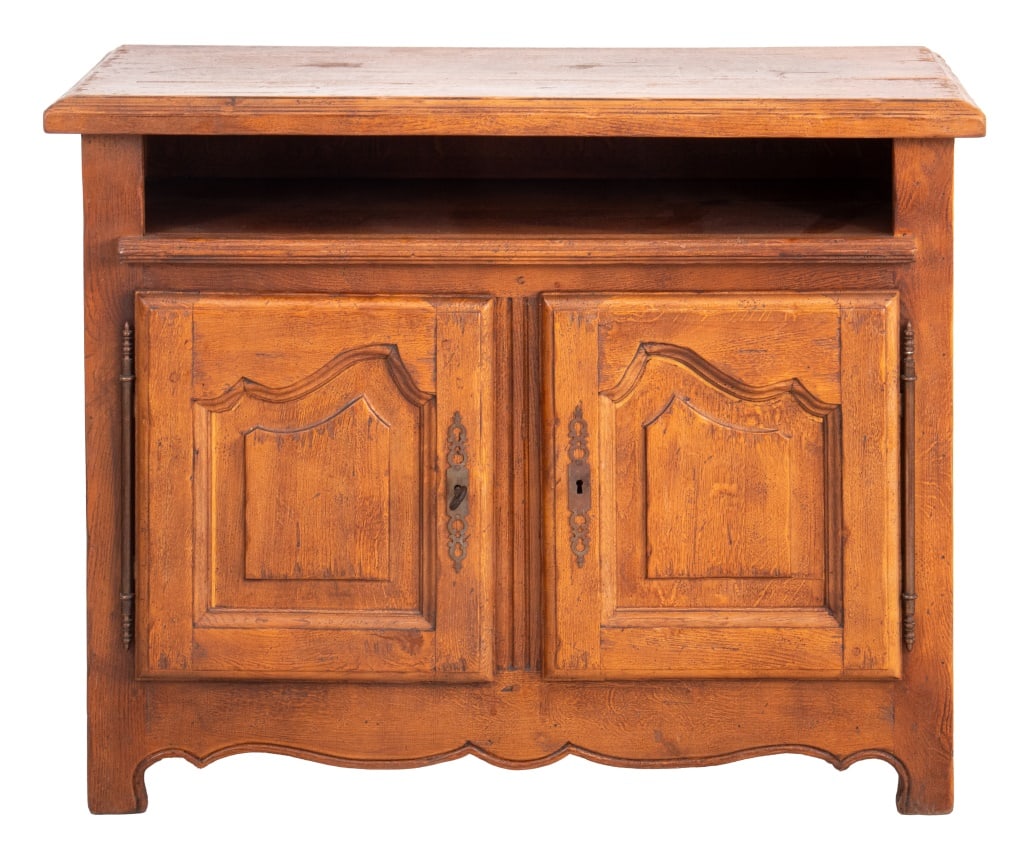 French Provincial Style Walnut Cabinet: French Provincial Style Walnut Two Door Cabinet, with molded rectangular top above an open shelf on two cabinet doors fitted with wrought iron hinges and mounts. 34" H x 42" W x 19" D. Provenance: Fro