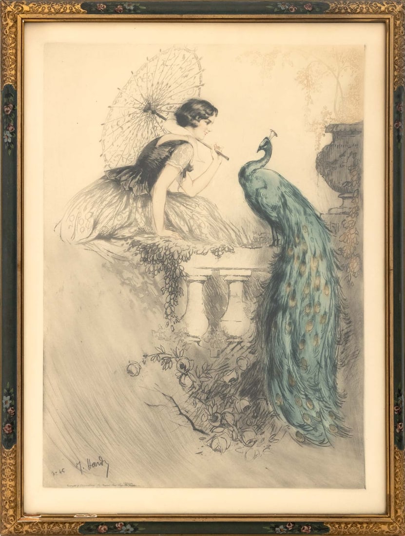 Jean Hardy Woman with Peacock Etching: Jean Hardy (French, 1880-?), Woman with Peacock, Etching in Colors, signed "J. Hardy" and numbered "no. 45" lower left, painted wood frame. Image: 20.5" H x 15" W; frame: 25" H x 19" W x 1" D. Provena