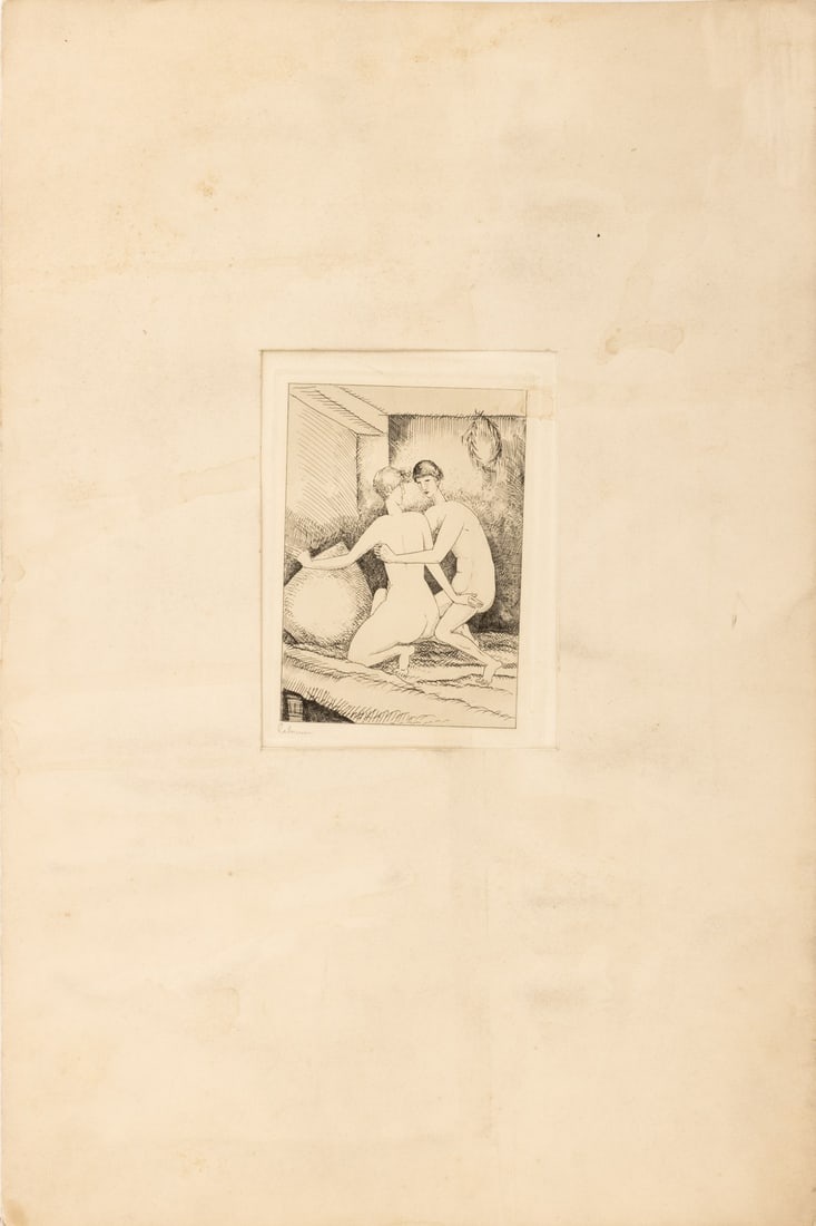 Jean-Emile Laboureur "Ovid Amores" Etching: Jean-Emile Laboureur (French, 1877-1943), "Ovid Amores", Etching, signed in pencil lower left, inscribed to lower mat margin, unframed. Image: 5.25" L x 3.25" W; sheet: 11" L x 8.75" W; mat: 18" L x 1