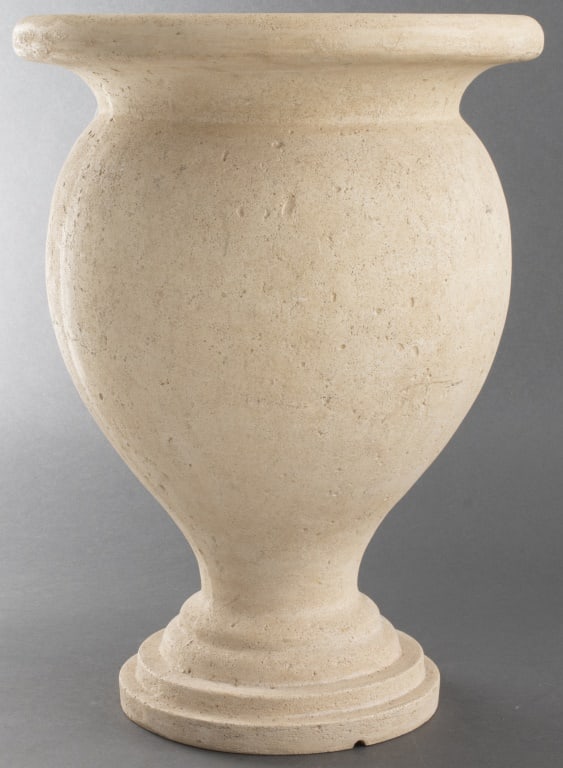 Neoclassical Faux Stone Urn Form Jardiniere: Neoclassical Faux Stone Urn Form Jardiniere. 21.5" H x 16" Diameter. Provenance: From a New York City Collection. Keywords: Planter, Floor Vase, Tree pot, Classical, Modern, Outdoor, Patio, Decorative