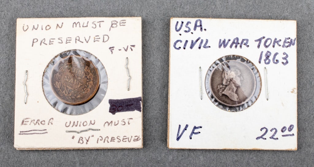 U.S. Civil War Era Token Coins, 2: Two United States Civil War Era Token Coins, comprising one Army and Navy token with error reading "THE FEDERAL UNION MUST AND SHALL BY [sic. be] PRESERVED" to reverse, and one 1863 Washington head