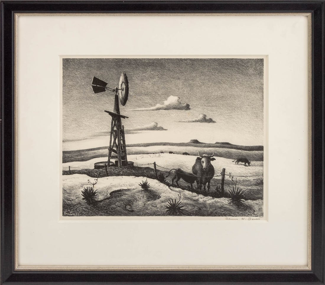Thomas Hart Benton "West Texas" Lithograph, 1952: Thomas Hart Benton (American, 1889-1975), "West Texas", Lithograph on Wove Paper, 1952, signed in pencil "Thomas H. Benton" lower right, from an edition of 300, published by Southern Methodist Univers