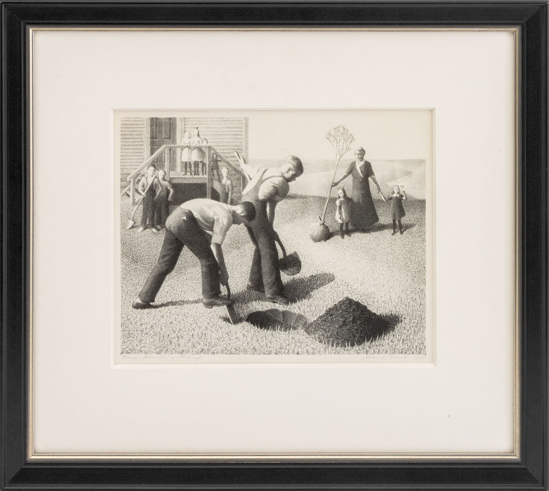 Grant Wood "Tree Planting Group" Lithograph, 1937: Grant Wood (American, 1891-1942), "Tree Planting Group", Lithograph on Wove Paper, 1937, signed in pencil and dated lower right, titled lower left, from an edition of 250, published by Associated Amer